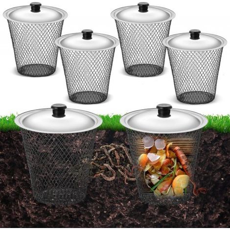 - Lombricomposteur enterré (lot de 4) - Dimensions : 23 x 23 x 15 cm - Avec couvercle - Trous d'aération - Empilable - Usage extérieur - Métal - Recyclage des déchets végétaux - Convient aux potagers (1/5)