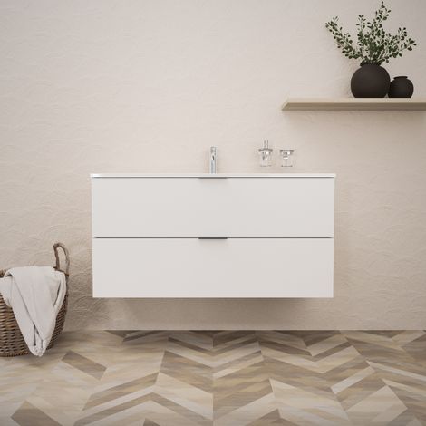 Inda - Badezimmerschrank B.120 mit glänzend/mattweißem Waschbecken 2 Schubladen - Topazio