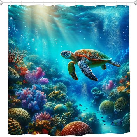 Rideau de douche motif tortue 180x200cm monde sous-marin océan mer imperméable tissu rideaux de bain pour salle de bain baignoire (1/5)