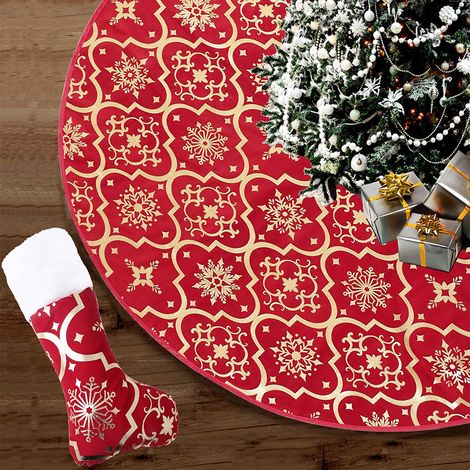 Cubierta Para Árbol De Navidad - Con Calcetín Navideño - Estampado De Copos De Nieve - Diámetro 120 Cm - Calcetín 26 X 45 Cm - Rojo (1/4)