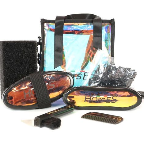 NERO E MULTICOLORE - Set da grooming con spazzole e accessori per la pulizia del cavallo modello Laser