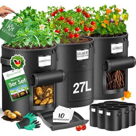 Lot de 9 Sacs de plantation, Tissu non tissé 27L, Fenêtre observation, Poignées renforcées, Jardinage balcon (1/5)