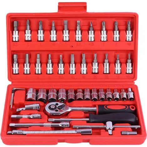 46 pièces Lot douilles et cliquet Chrome Vanadium 1/4" clé cliquet Adaptateur Jeu Coffret Douille,rouge (1/5)