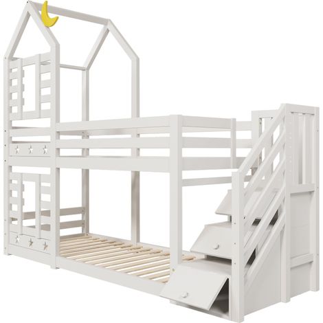 Cama alta infantil de madera blanca con almacenamiento y barreras 90 x 200 cm (1/5)