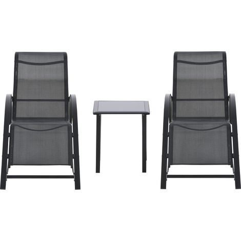 Set 2 Lettini Prendisole e Tavolino con Ripiano 59x169x66 cm in Tessuto Traspirante e Metallo Nero (1/5)