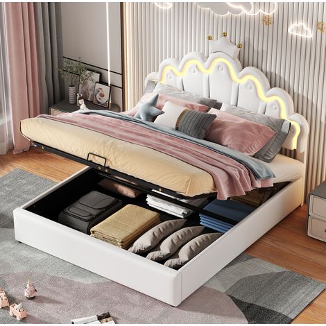 Lit capitonné princesse blanc 140x200 cm en PU avec tête de lit nuage, LED réglables et coffre hydraulique (1/5)