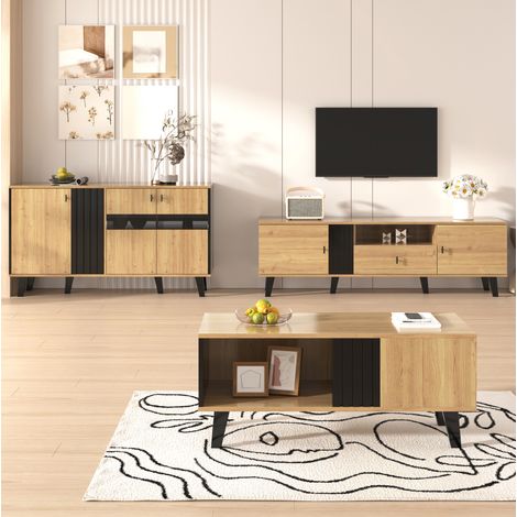 Meuble de salon 3 pièces avec meuble TV, table basse et buffet, noir et bois (1/5)