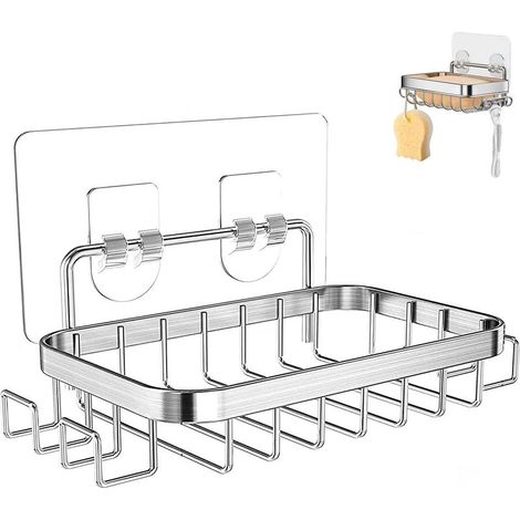 Adhesif Porte Savon INOX avec 4 Crochets,Carré Porte-Savon Douche,Porte Savon Mural sans Percage,Autoadhésif Support Savon Eponge en Acier Inoxydable pour Salle de Bain,Cuisine, Douche, Lavabo (1/5)