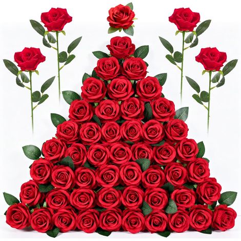 50Pcs Rouges Roses Fleurs Artificielles avec Tige DIY,pour Mariage  47  8cm Rouge Foncé Roses Faux Rose pour Bouquets de Mariée, Fête, Saint Valentin, Décoration Intérieure et Extérieure (1/5)