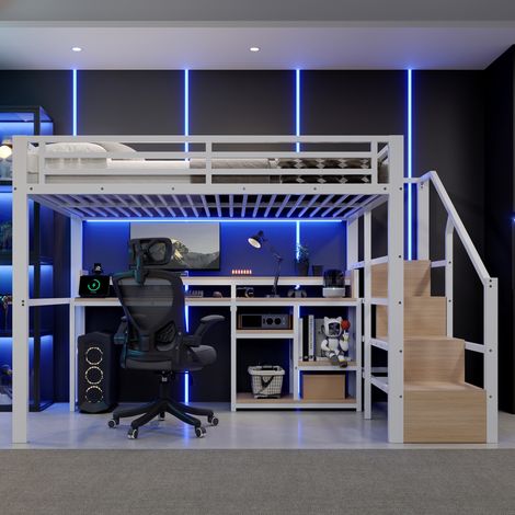 Lit mezzanine adulte 140x200 cm avec LED, USB Type-C, rangements, structure stable, pour chambre, métal MDF, blanc (1/5)