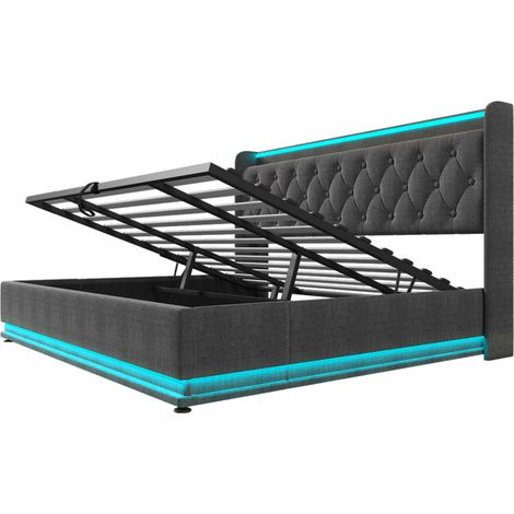 Cama tapizada 180x200 cm gris de lino con LED, arcón hidráulico, USB y Type-C, sin colchón (1/5)