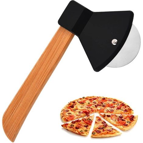 Cortador de pizza, cortador de pizza de acero inoxidable, cortador de pizza con mango de madera para cortar pizza, pastelería (negro) (1/5)