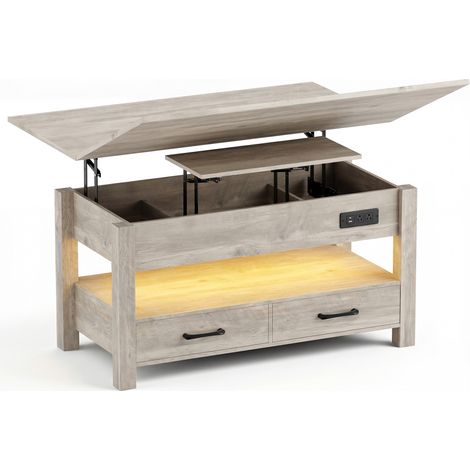 Table basse relevable extensible 4 en 1 avec rangements et 2 tiroirs, table basse multifonction style campagne chic pour salon, Taupe (1/5)