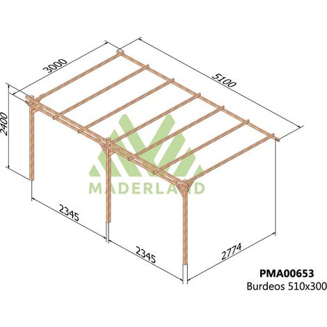 Pérgola de Madera Maciza  Adosada Burdeos (Maderland) - Gardeneas - 510 x 300 cm