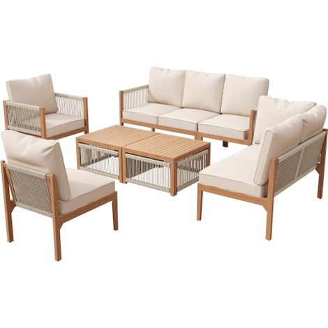 Sitzgruppe Gartengarnitur aus Akazie, Gartenlounge Set für 7-8 Personen mit Tisch und Kissen, Abnehmbare Waschbare Bezüge, Natur/Beige