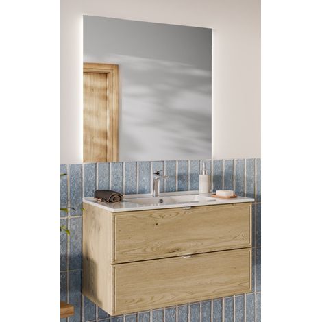 Ensemble Meuble Vasque 80 cm + Vasque encastrée + Miroir LED assorti - L 80 x P 46 x 51,5 cm - Caldera Clair - Livraison gratuite