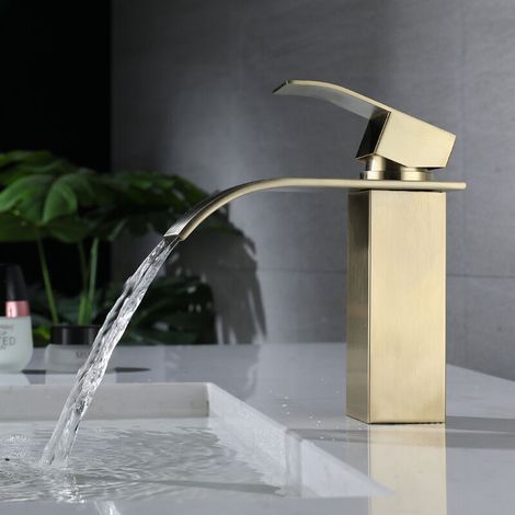 Robinet de Lavabo Cascade pour Salle de Bain, Mitigeur de Lavabo Vasque Robinetterie Cascade avec Bec Grand en Acier Inox, Or Brossé
