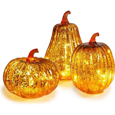 Lot de 3 citrouilles décoratives automnales, élégantes guirlandes lumineuses en verre pour Thanksgiving, centre de table à LED, dorées (1/5)