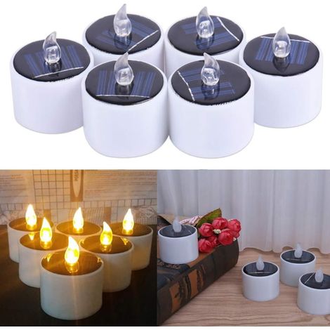 Candele solari a LED, 6 candele da tè in vera cera con fiamma tremolante, tipo pilastro, illuminazione bianca calda, effetto ultra realistico per feste in giardino, matrimoni, Halloween, Natale. (1/5)