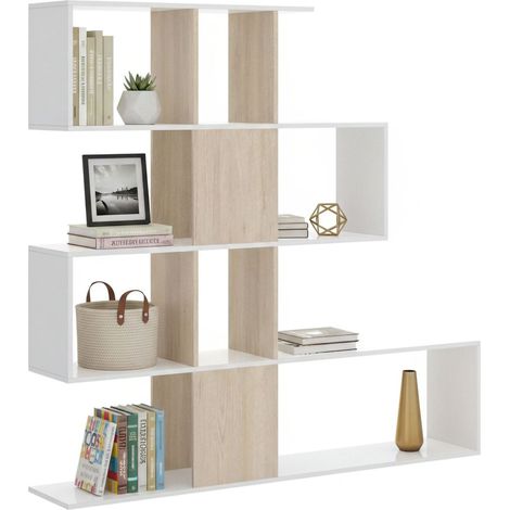 Dmora - Bibliothèque Moneglia, Étagère de bureau polyvalente, Bibliothèque avec 4 étagères, 145x29h145 cm, Blanc et Chêne, avec emballage renforcé