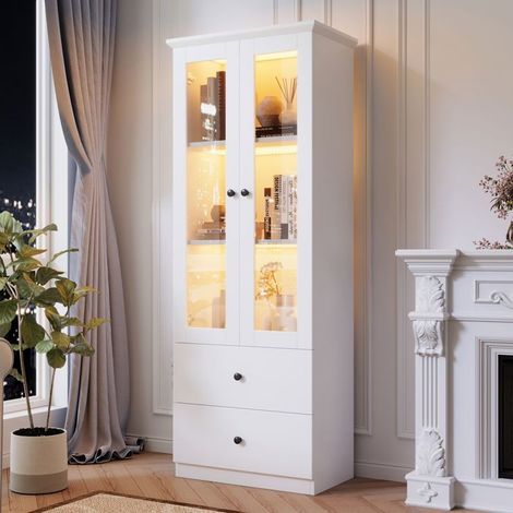 Vitrine salle à manger 165 cm, rangement tiroirs Buffet salon, portes vitrées étagères ajustables, LED USB blanc mat MDF (1/5)