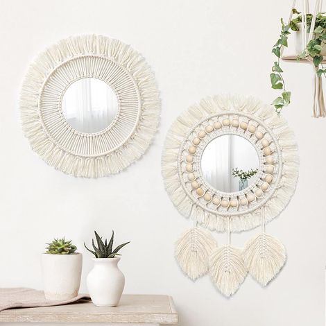Specchio decorativo da parete in macramè, composto da 2 pezzi, con foglie intrecciate, specchio rotondo boho con frange per camera da letto, soggiorno, cameretta dei bambini, decorazione per la casa (