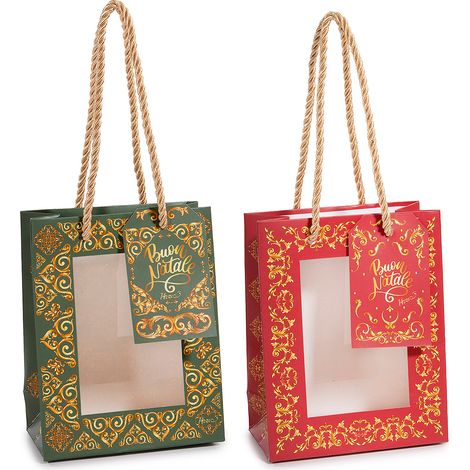 Sacchetti / buste vetrinetta realizzate in carta con stampa di Natale e bigliettino abbinato, set da 40 pezzi, cm 11,5 x 6 x 14,5 H