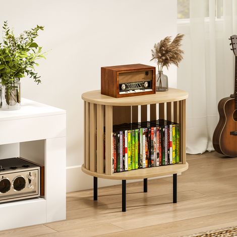 Ovaler Beistelltisch mit offenem Stauraum, Lattenrost-Design, 50 x 39 x 50 cm, Holzoptik (1/5)