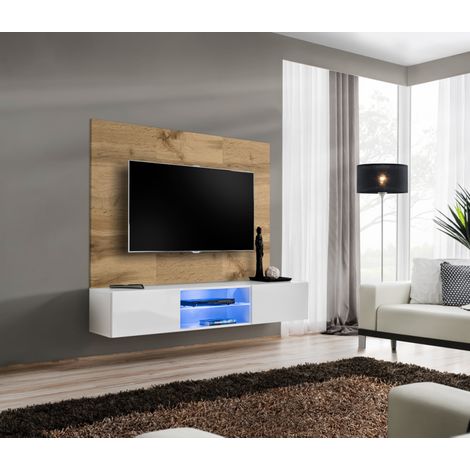 Ensemble meuble TV mural Switch PR3 avec vitrine et éclairage LED - Bois MDF blanc et chêne Wotan - 180 x 148 x 40 cm - Livraison gratuite