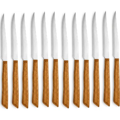 Set 12 Coltelli da Bistecca pizza Professionali Acciaio Inox 22 cm Lama a punta Seghettata da 11 cm Manico in Polipropilene Effetto Legno Rovere Lavabili in Lavastoviglie Made in Italy