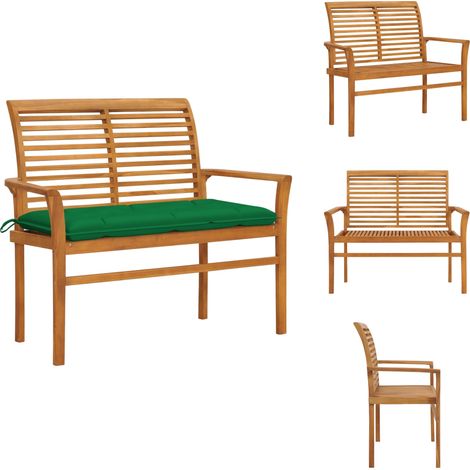 Gartenbank mit Grüner Auflage 112 cm Massivholz Teak - Gartenbank - Teakholz Gartenmöbel - Outdoor Bank - Gartendekoration - Terrasse Deko