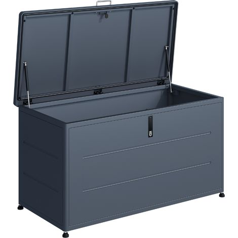Coffre de rangement extérieur 460L gris en acier galvanisé – Ouverture assistée pour jardin et terrasse (1/5)
