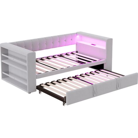 Cama sofá multifuncional 90/180 x 190 cm de franela gris claro con LED, enchufes y almacenaje (1/5)