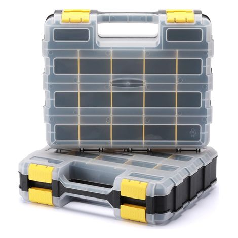 Lot de 2 organiseurs d'outils double face en polymère résistant aux chocs et séparateurs en plastique amovibles 34 compartiments, jaune (1/5)