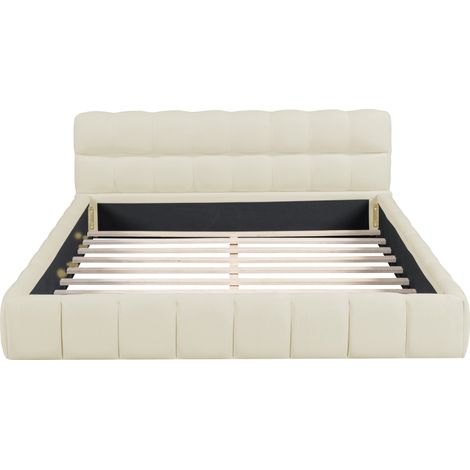 Lit 140 x 190 avec tête de lit et sommier, lit double Rembourré lit au sol, cadre de lit 140x190 avec sommier à lattes, lit 2 Personnes moderne pour adulte et adolescent, lin, beige (1/5)