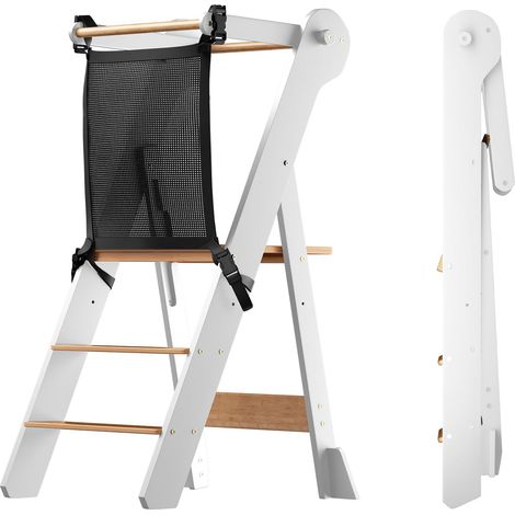 Tour D'observation Enfant Pliable 2 Hauteurs Réglables, Tour d'apprentissage Sécurisée avec Angles Anti-Bascule Chaise pour Enfants de 18 Mois À 6 Ans - White (1/5)