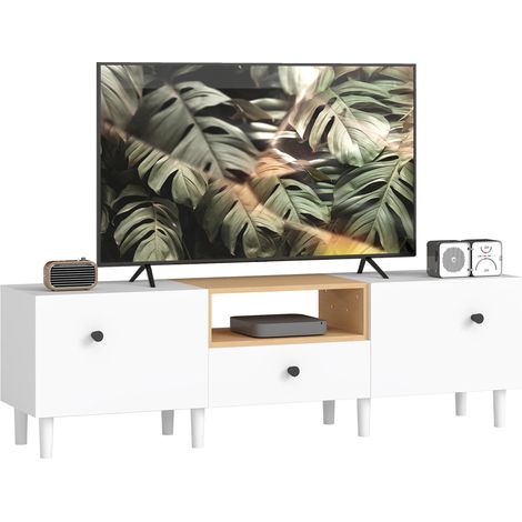 Meuble TV 70" max avec 2 portes abattantes, un tiroir et une étagère ouverte, en bois, 150 x 35 x 45 cm, blanc et bois.