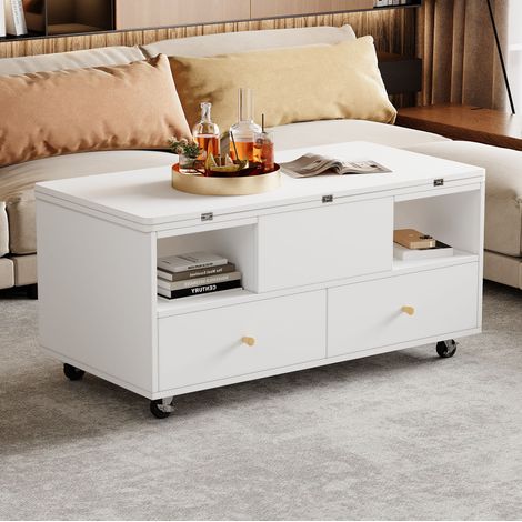 Table basse relevable avec plateau rabattable, 4 tiroirs, 100 x 50 x 47,5 cm, MDF, blanche (1/5)
