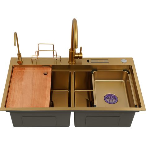 Évier de cuisine, 82 x 64 cm, double cuve, en acier inoxydable, avec robinet, à encastrer ou à poser, livré avec une planche à découper et des fixations, doré (1/5)
