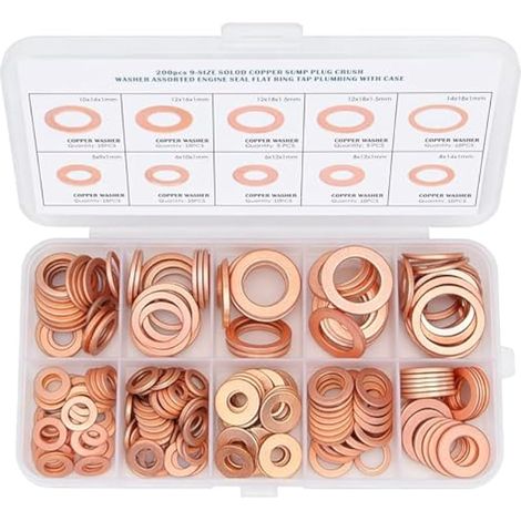 Assortiment de 100 rondelles en cuivre 9 tailles métriques plates avec boîte de rangement – M5, M6, M8, M10, M12, M14 – Joint de bouchon de carter et rondelles d'écrasement (1/5)