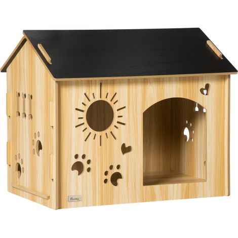 Cuccia in legno per cani/piccoli animali con ventilazione, dimensioni 69 x 50 x 58,5 cm, con tettoia, interno in pannello MDF, colore rovere nero, realizzata in loco. (1/5)
