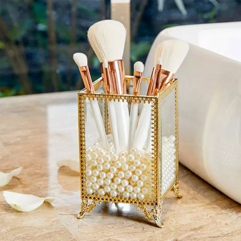 Support de pinceaux de maquillage, en verre et laiton doré, avec perles blanches (1/5)