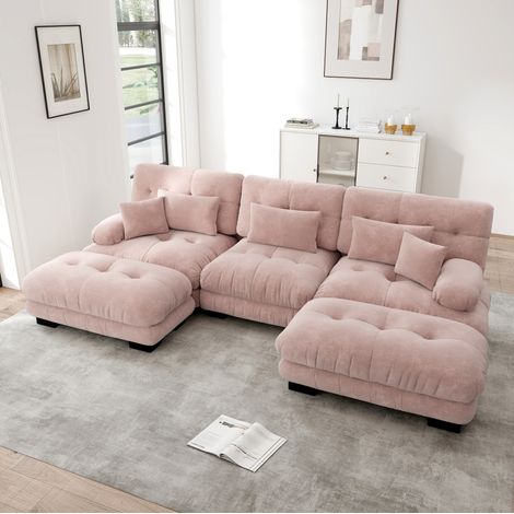 Sofá modular en U rosa de chenilla con asiento profundo, otomanas móviles y cojines de apoyo (1/5)