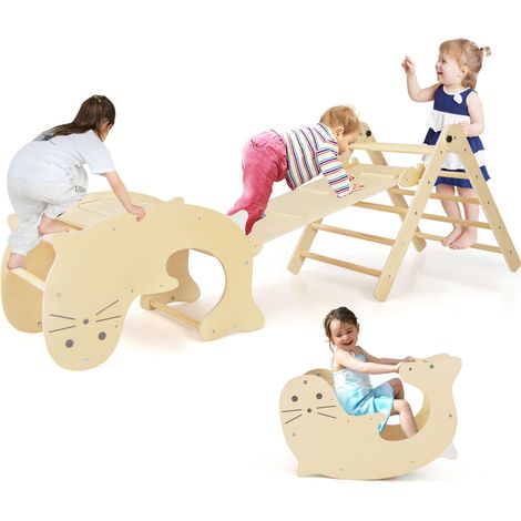 COSTWAY 7-in-1 Indoor Climbing Toys Toddlers Foldable Wooden Climber w/ Reversible Ramp
