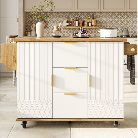 Carro de cocina blanco 134x46/74x88 cm con bandeja abatible, toma integrada, 3 cajones, 2 armarios y 5 ruedas (1/5)