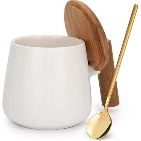 Mug en céramique, tasse à thé pour le bureau et la maison, tasse à café de 414 ml avec couvercle en bois et cuillère à café dorée (blanche) (1/4)