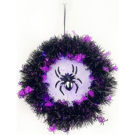 Halloween-Türkranz mit Lichtern, dekorativer Halloween-Spinnenkranz mit lila Lichtern, Halloween-Dekorationen