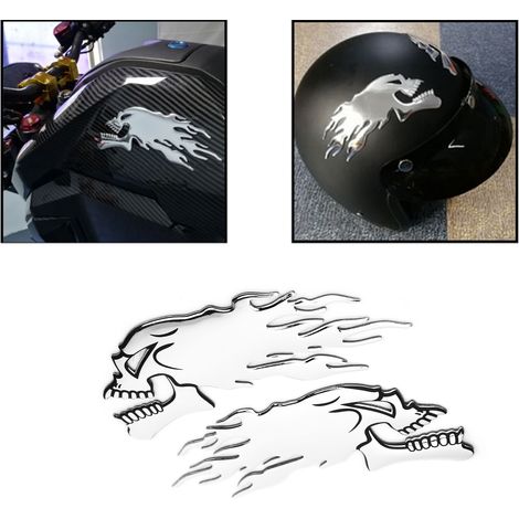 Autocollant 3D Flamme Crâne pour Réservoir Moto - 2 Pièces Décorations Universelles Argenté