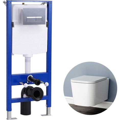 Bathroom Square Rimless Wall Hung Toilet WC pan 1.14M Concealed Cistern Frame UF Soft Close Seat (1/5)