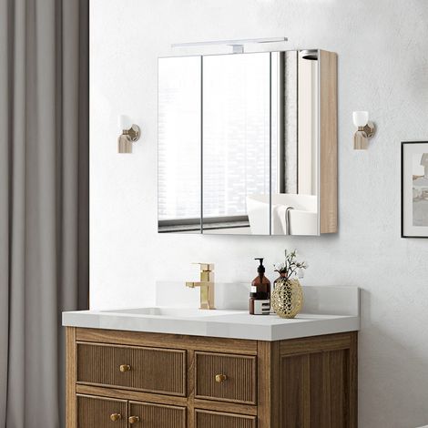 Bathroom Mirror Cabinet 3 Doors 70x16x70cm Wall Mounted Bathroom Storage Cupboard with 6 Glass Shelves Bathroom Cabinet with Light Strip (1/5)